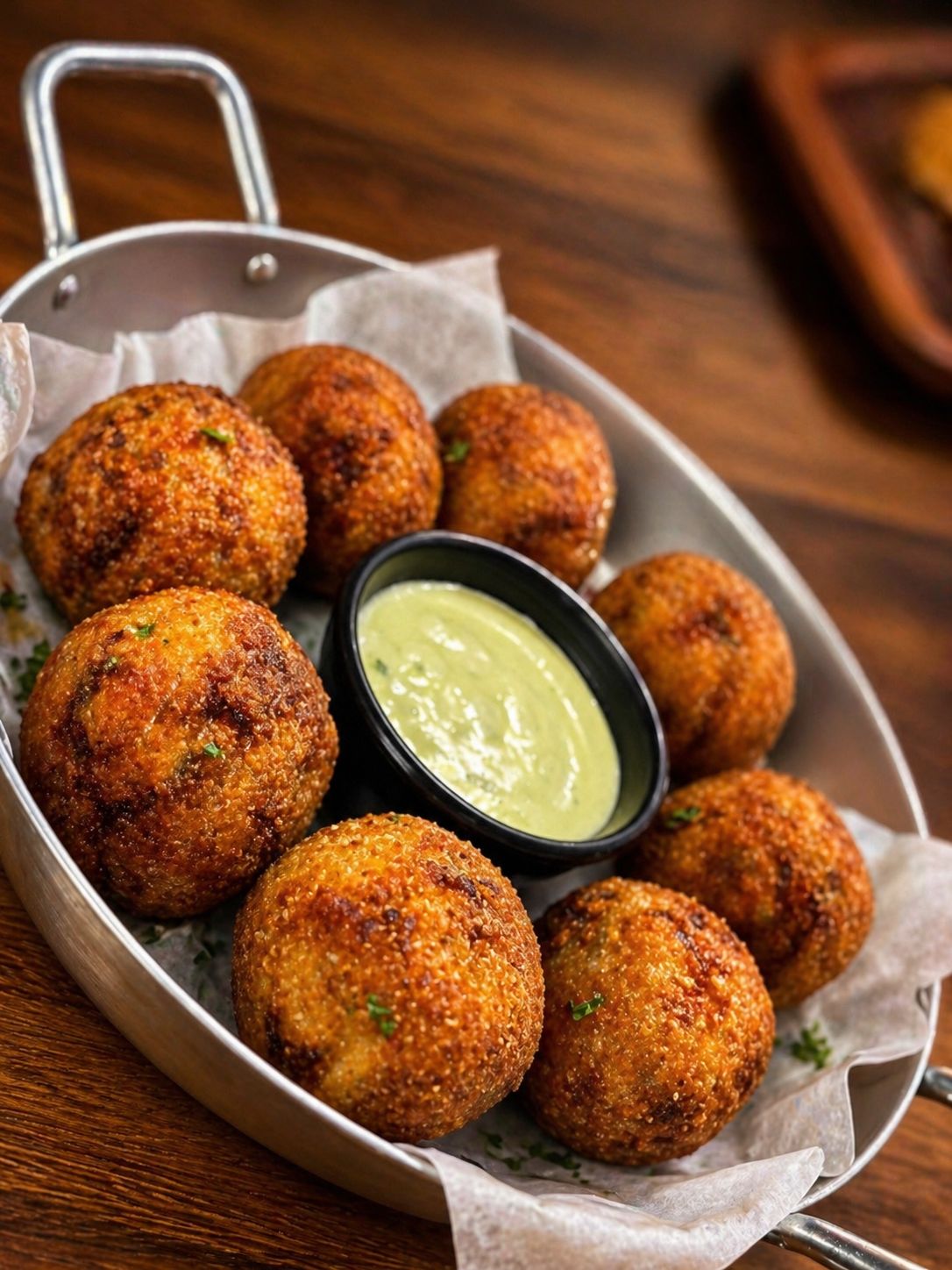 Bolinho de bacalhau com molho verde da casa.